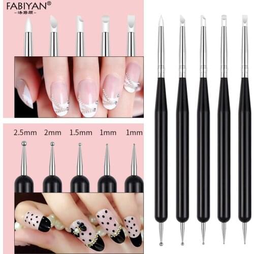5Pcs/Set Nail Art Dual-end Sculpture Emboss Carving Dotting Painting Brush Silicone Pen Tips Rhinetstone Picking Manicure Tools