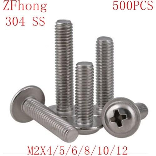 500PCS M2*4/5/6/8/10/12 304 Stainless Steel Round Pan Phillips Cross Head Screws Bolt With Washer Pad Computer Machine Screws