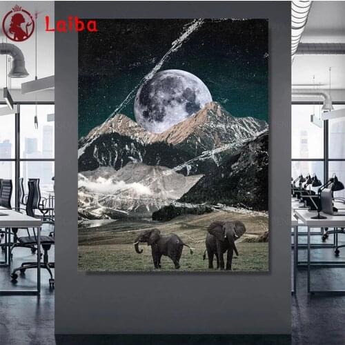 Diamond Mosaic Modern animal art, elephant, moon Picture Rhinestone Diamond Painting Cross Stitch Embroidery Needlework Wall Art