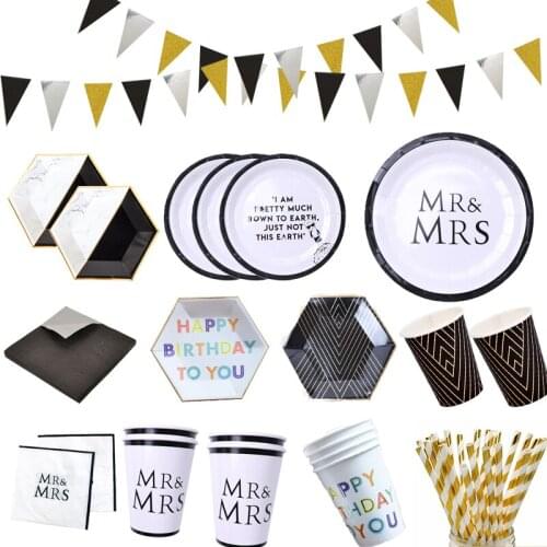 Party Black White Paper Cup Plates Disposable Tableware Party Supplies Birthday Wedding decorates Party Tissue Straw kids Favors