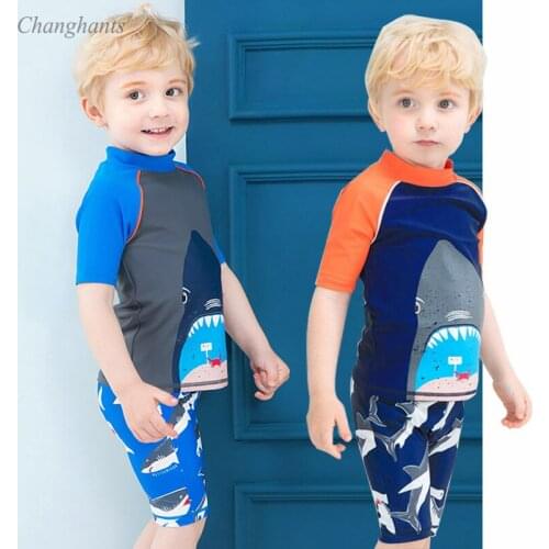New Model Kids Two Pieces Swimwear 4-14 Y Boy Rash Guards Blue Orange Patchwork with Shark Children Swimsuit Surfing Wear