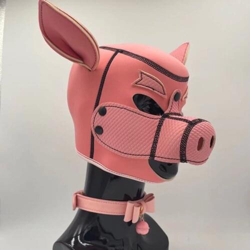 Erotic Sexy Accessories of Fetish Pig Head Ears Halloween Mask Puppy Role Play Dog Hood with Collar for Adults Cosplay Sex Games