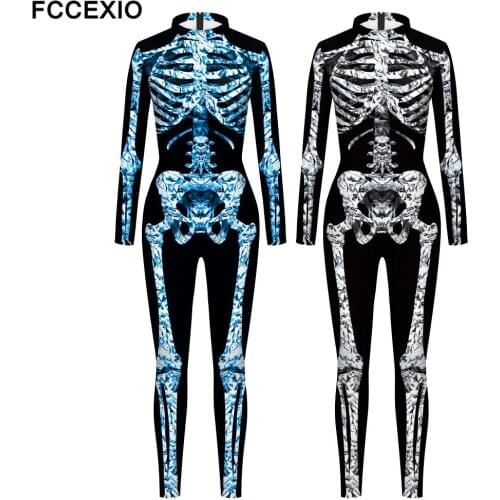 FCCEXIO Crystal Body Skeleton 3D Print Sexy Bodysuits Cosplay Jumpsuit Adults Onesie Hallowmas Long Sleeve Outfits