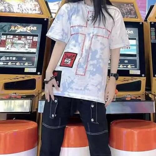 Girl O Neck Cross Embroidery Street Harajuku T-shirt Light Blue Lady Tie Dye Y2k T Shirt Summer Patch Cotton Korean Fashon Cloth