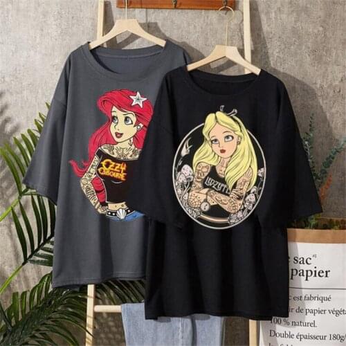 Disney Alice In Wonderland T Shirt Women Summer Tops Black Tees Bell Snow White Princess Print Short Sleeve T-shirt Female Femme