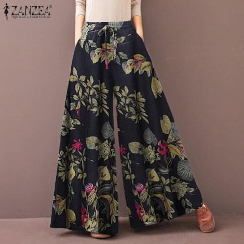 ZANZEA 2021 Kaftan Printed Pants Womens Wide Leg Trousers Elastic Waist Long Pantalon Palazzo Casual Floral Turnip