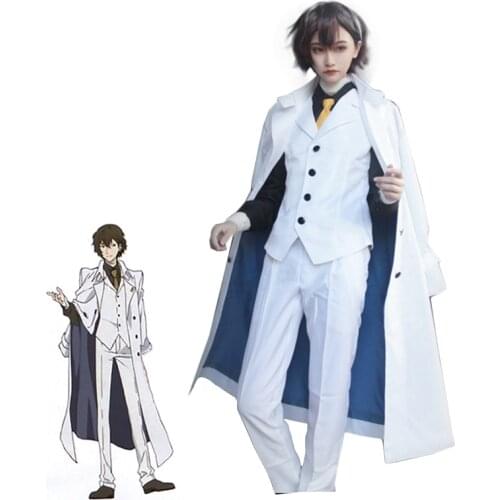 Anime Bungo Stray Dogs: DEAD APPLE Dazai Osamu Cosplay Costume Adult White Trench Pants Suit Halloween Carnival Uniforms