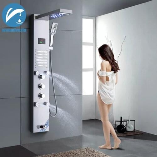 Brushed Nickel LED Light Rain Waterfall Shower Panel Faucet Body Massage Jets Shower Faucet Brass Tub Spout Shower Column Tower
