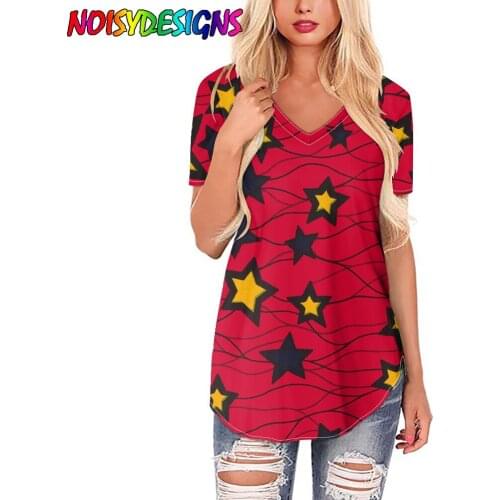 NOISYDESIGNS Summer Women Oversized Tshirt V-neck Red Short Sleeve T-shirt Yellow Stars Ankara African Lady Tops Womens Femme