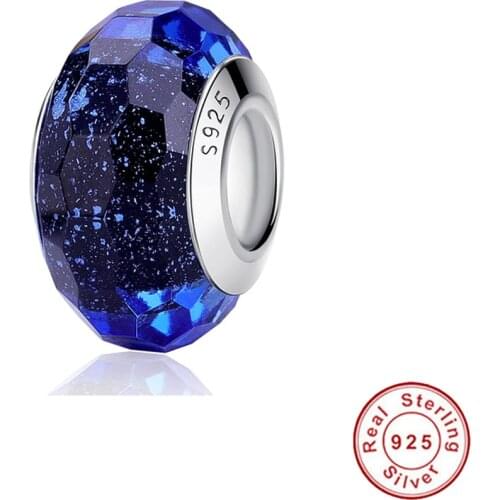 Original 100% Real 925 Sterling Silver Glass Shining Blue Murano Glass Charms Fit Pan Bracelet DIY Women Jewelry 2021
