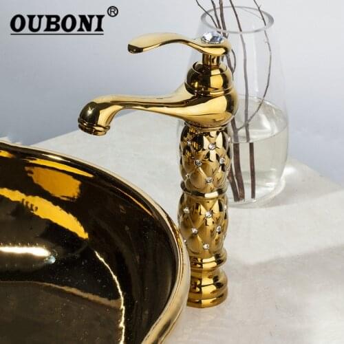 OUBONI Luxury Golden Plated Polish Bathroom Basin Faucet High Short Style Deck Mounted Single Handle Sink Faucets Mixer Tap
