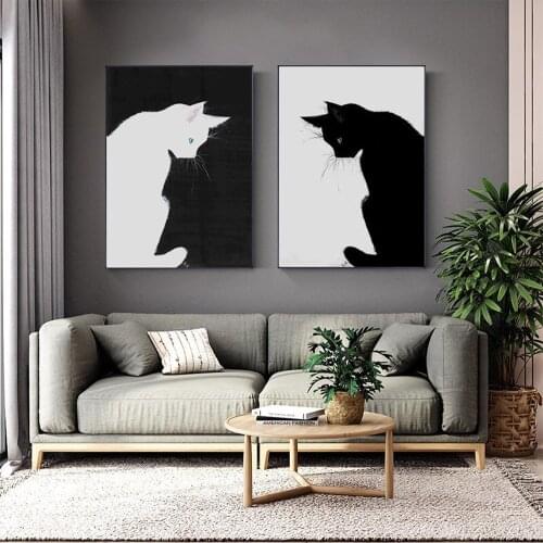 Pet Posters Canvas Painting, Black and White Cat, Simple Wall Art Picture,Modern Minimalist Home Decoration