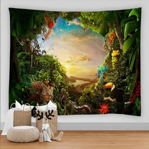Psychedelic Forest Tapestry Wall Hanging Tropical Palm Tree Animal Beach Wall Tapestry Backdrop Wall Cloth Carpet Tapestries