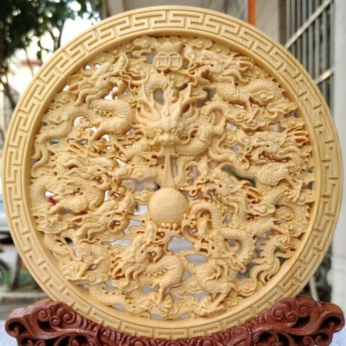 Wood carving handicrafts Loong Phoenix fish animal flowers Chinese word desktop Decoration home decorations ornaments(A014)