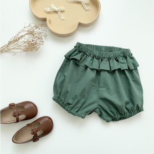 2021 New Girls Shorts Korean Pure Color Vintage Green Kids Short Pants Summer Ruffle Toddler Girl Lantern Shorts DT339