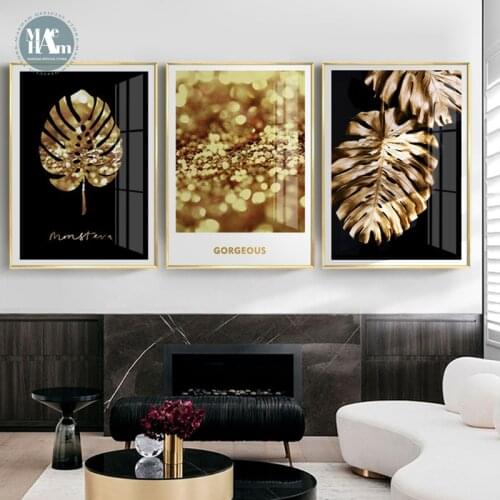 Nordic Black golden leaves Wall Art Canvas Painting Key saxophone Art Poster Print Wall Picture for Living Room Decor