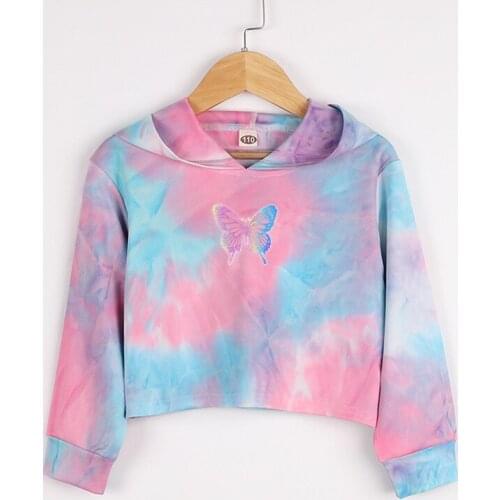 Qunq Girls Sweatshirt Fashion Luminescence Butterfly Pattern Kids Hooded Pullovers Short Style Tie-dyed Toddler Children Tops