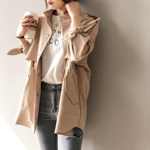 Fashion Trench Coat Female Autumn Windbreaker Drawstring Casual Loose Safari Clothes Stand Collar New Spring Women Short Trench