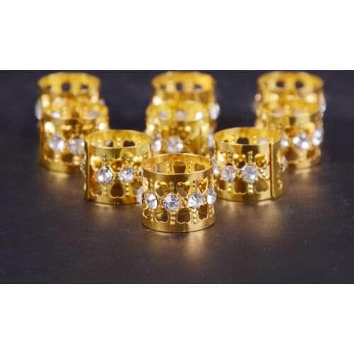 50pcs Gold Rhinestone Hair Dread Braids Dreadlock Beads Adjustable Braid Cuffs Clip Heart Shape Hair Extension Tool Jewelry 13mm