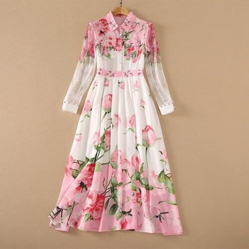 Europe and the United States womens clothing New Summer 2021 Lace long sleeve lapel pin bead Fashion pink print pleated dress