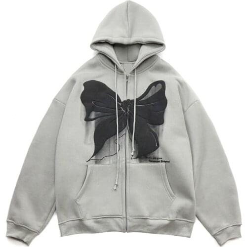 European and American Bowknot Printed Zipper Hoodie Women Street Casual Loose Hooded Cardigan Jacket Y2K Couple Plus Size Hoodie