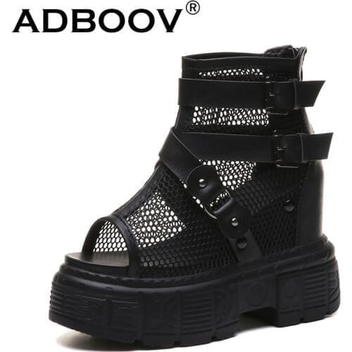 ADBOOV Platform Sandals Women Mesh Wedges Shoes For Women Height Increasing 11 CM Peep Toe Black White Sandals