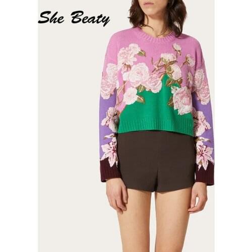 She Beaty Knitted Sweater Pullovers Women 2021 Autumn Winter Vintage Embroidery Flowers Designer Brand Casual Ladies Tops Jumper