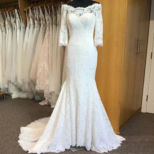 Design Lace Wedding Dress 2020 Fit and Flare vestidos de novia 3/4 Long Sleeves off-the-shoulder sheer lace front and back neck