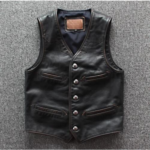 Men Cowhide Genuine Leather Vest Motorcycle Biker Leather Vests Mens Real Leather Vintage Casual Sleeveless Jackets Waistcoat