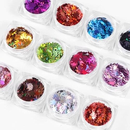 12bottles/Set Holographic Glitter Sequins Nail Art Colored Maple Leaf Laser Gradient Paillette Metallic Flake Nail Accessory P3