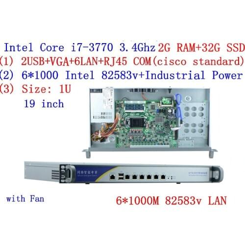1U firewall server 2G RAM 32G SSD with 6*1000M 82583V Gigabit Intel CORE I7 3770 3.4G support ROS Mikrotik PFSense Panabit Wayos