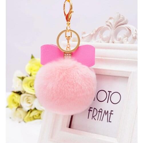 Fashion Fur Pom Pom Keychain Key Ring Rhinestone Bow Faux Rabbit Fur Ball Key Chain Men Women PomPom Plush Keyring EH403