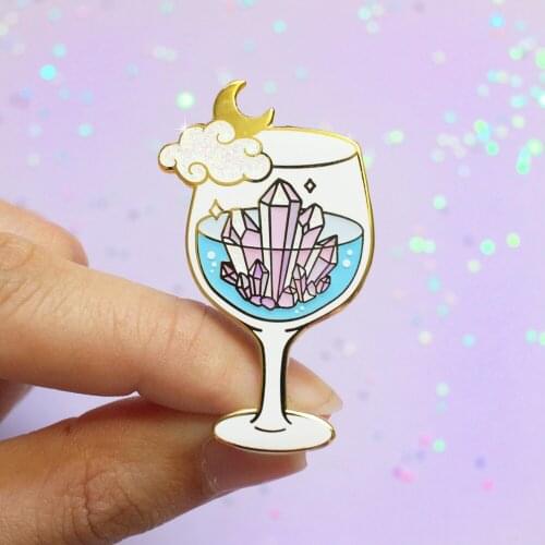 Beautiful Wine Glass Hard Enamel Pin Gorgeous Crystal Cluster Clouds Golden Brooch Badge Backpack Pins Jewelry Christmas Gift