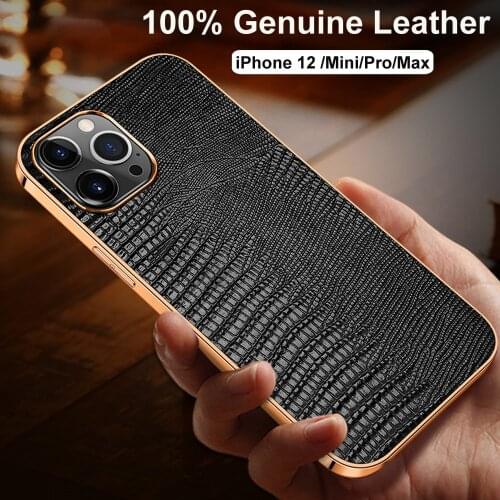 For iphone 12 pro max case Luxury lizard skin Genuine Leather case for iphone 12 mini case electroplated soft bumper 12pro cover
