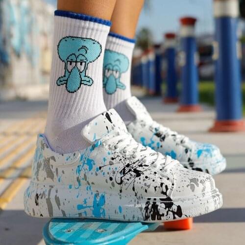 Chekich Womens & Mens Shoes White Blue Black Pattern Faux Leather Lace Up Mixed Color Printed Spring and Fall Seasons Unisex Sneakers Odorless Casual Brush Comfortable Office University Street Style CH255 Women V5