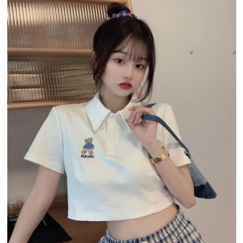 PoLo Shirt Summer Casual Short T Shirt Korean Style Harajuku Cute Teddy Bear Embroidered T Shirt Super Short Womens T Shirt Top