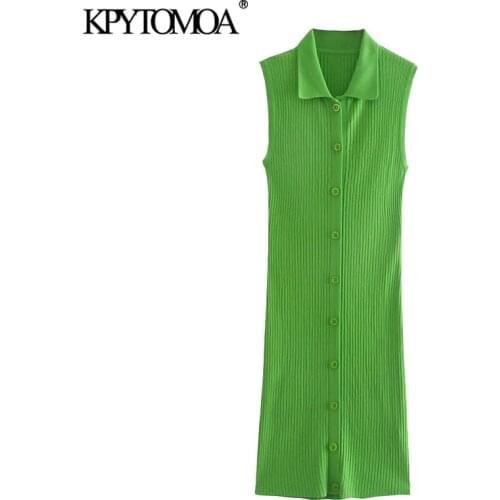 KPYTOMOA Women 2021 Chic Fashion Button-up Fitted Slim Knit Mini Dress Vintage Lapel Collar Sleeveless Female Dresses Vestidos