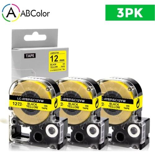 3PK 12mm SC12YW Tape For Epson King Jim SC12YW LK-4YBP Black on Yellow Label Tape Printer Ribbon For Epson Label Maker LW-700