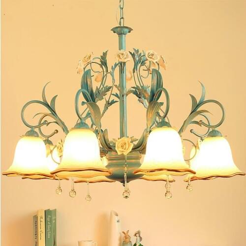 Mediterranean Style Blue Chandelier for Dining Room Nordic Blue Flowers glass shade Chandeliers For Living Room Bedroom lampara