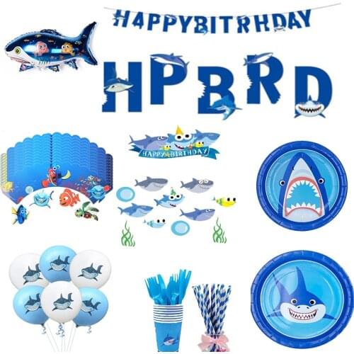 Trendy Ocean Shark Animal Theme Children Party Supply Plates Spoon Fork Knife Cups Napkin Disposable Birthday Set Decoration