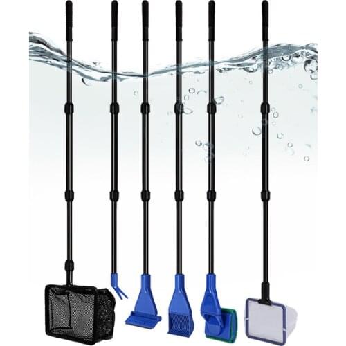 6-IN-1 Aquarium Cleaning Tools Kits Fish Tank Clean Set Fish Net Gravel Rake Algae Scraper Fork Sponge Brush Glass Cleaner