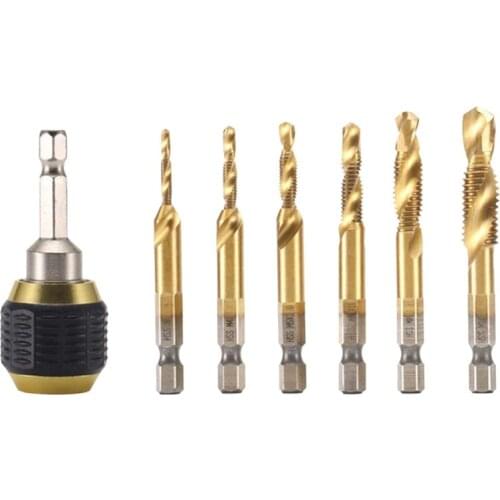 7Pcs Titanium Combination Drill Tap Bit Set Portable Screw Tapping 1/4 Hex Shank Drill Quick Change Chuck Drill Tap Bits
