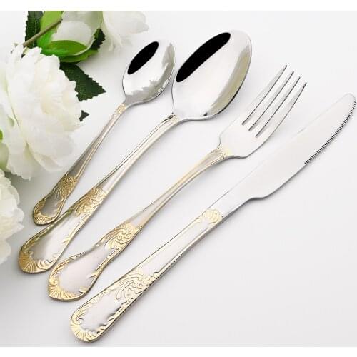 Knife Fork Tea Spoon Dinnerware Cutlery Set Golden Pattern Silverware 18/10 Stainless Steel Tableware Set Party Kitchen Flatware