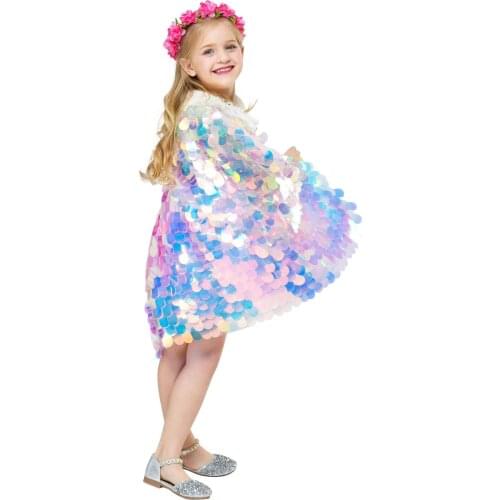 Girls Rainbow Sequins Cape Cloak Costume Children Christmas Halloween Cosplay Little Memaid Princess Costume Shining Stars Cape