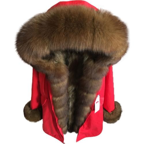 Real natural fox collar coat natural Raccoon fur lining winter jacket Long hooded parkas FREE SHIPPING