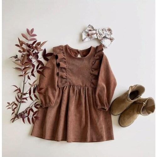 Baby Girls Dress 2021 Spring New Girls Clothes Ruffle Sleeve Dress for Girls Corduroy Kids Clothing