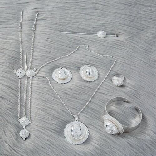 Silver Dubai Wedding Jewelry Sets for Women African Earrings Ring Hairpin Head Chain Ethiopian Eritrea Habesha Bridal Gifts