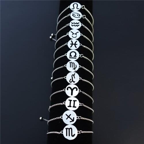 Constellations Zodiac 12 Horoscope Bracelet Stainless Steel Virgo Leo Cancer Gemini Aries Libra Pisces Unisex Jewelry 12 pcs/lot