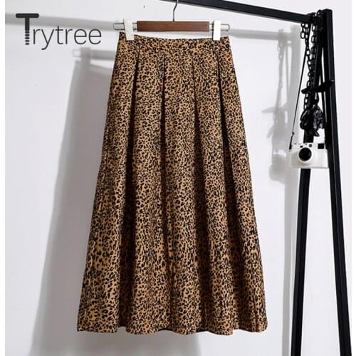 Trytree 2020 Spring Autumn Casual Woman Skirt Leopard Fashion Elastic Waist A-line 3 Colours Mid-Calf Silky Office Lady Skirt