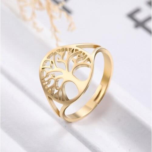 VCU Forest Department Retro Hollow Design Tree of Life Ring Adjustable Stainless Steel Ring Jewelry for Women